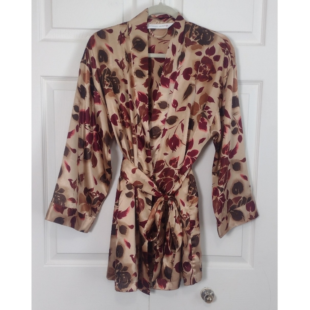 Vintage Victoria's Secret Y2K Light Gold Brown Red Floral Print Satin Robe